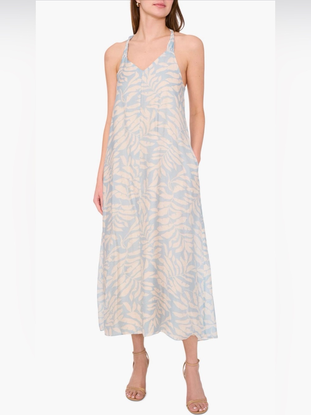 NWT Halogen Botanical Print Sleeveless Midi Dress Blue Cream Pockets Size Small